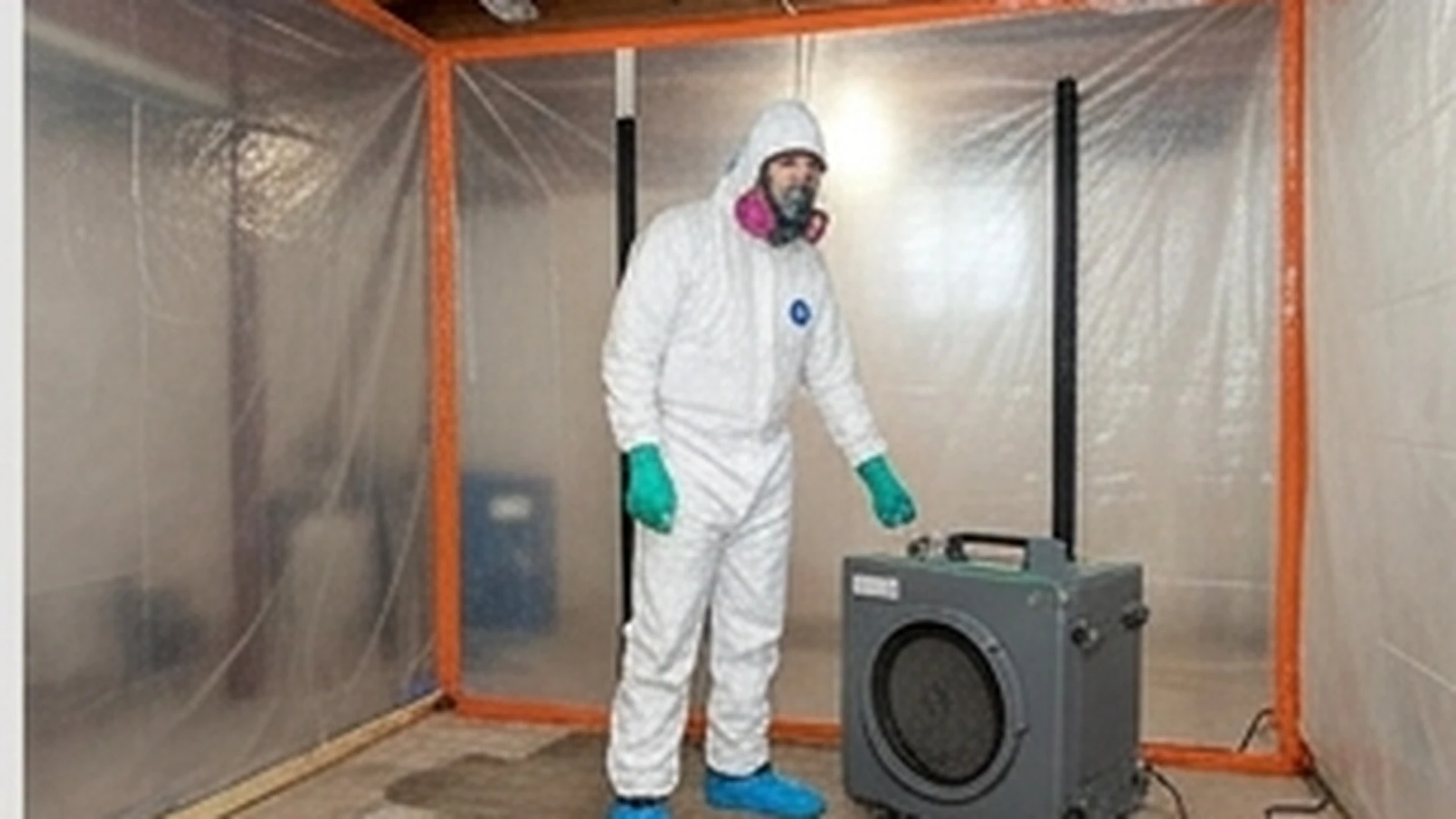 Mold remediation containment setup in a basement with ppe and air scrubber