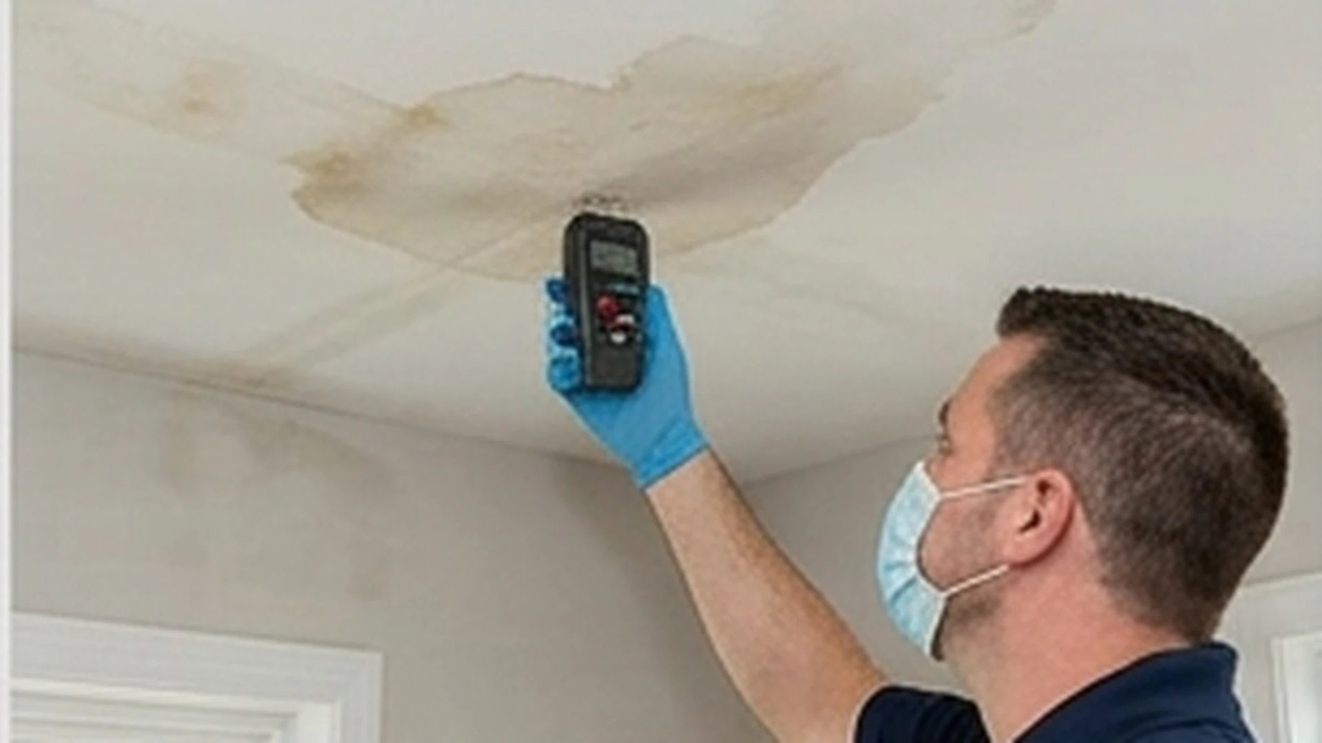 Technician using moisture meter and inspection light near affected drywall